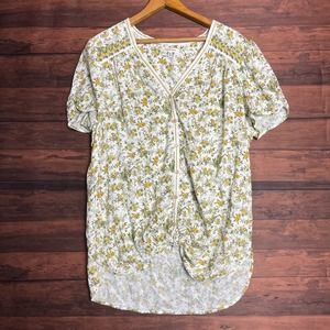 Max Studio Women's White Yellow Floral Print Top‎ Button-Up Knot Size Large